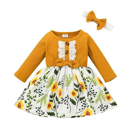 

Toddler Girls Casual Bow Dress Splice Party Princess Floral Ribbed Ruffled