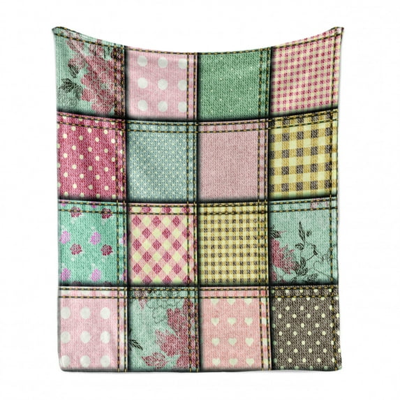 Shabby Flora Soft Flannel Fleece Throw Blanket, Vintage Style Patchwork Design Colorful and Details Vibes, Cozy Plush for Indoor and Outdoor Use, 70" x 90", Multicolor, by Ambesonne