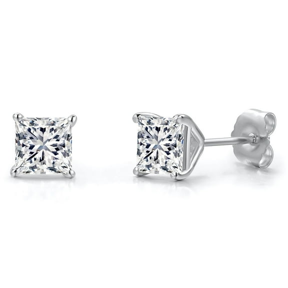 Gem Stone King 1.44 Cttw Princess Cut Lab Grown Diamond 14K White Gold Stud Earrings | DEF Color | VVS-VS Clarity | Gold Earrings for Women Men