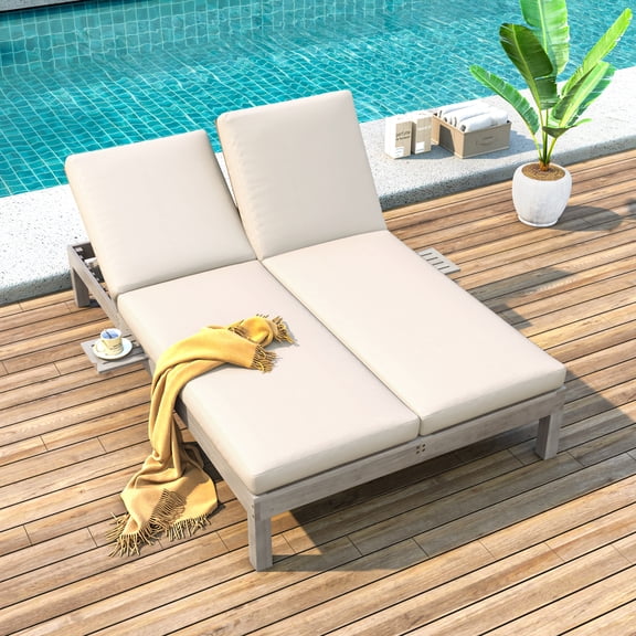 MODERNLUXE Outdoor Double Chaise Lounge for 2, Wood Patio Recliner Chair with Cushion,5-Position Adjustable Backrest & Folding Side Trays for Poolside, Garden,Balcony & Beach,Light Gray
