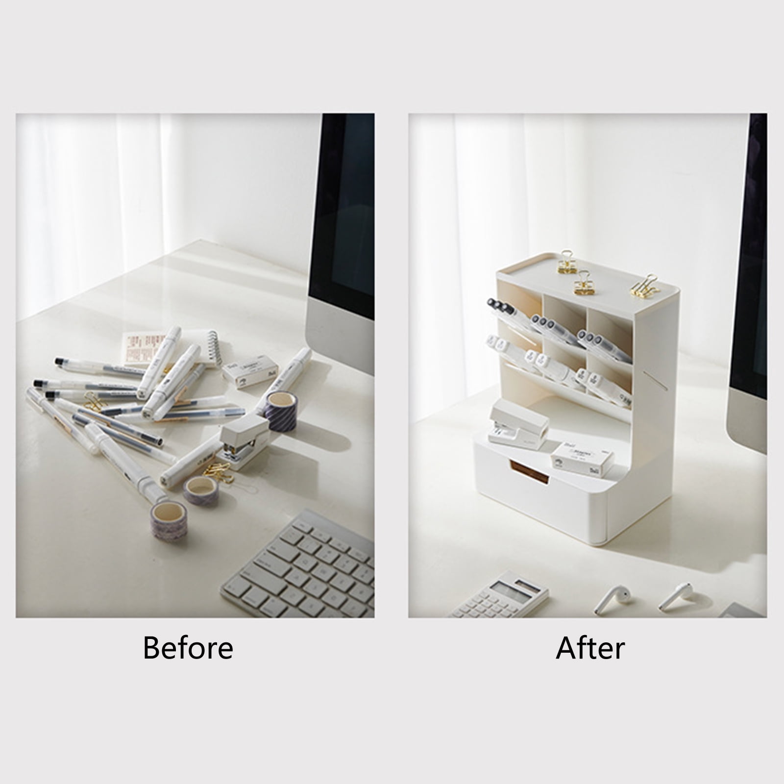 Yokua Multi-functional Pen Organizer with Drawer 6-grid Inclined Pen Slot Stackable