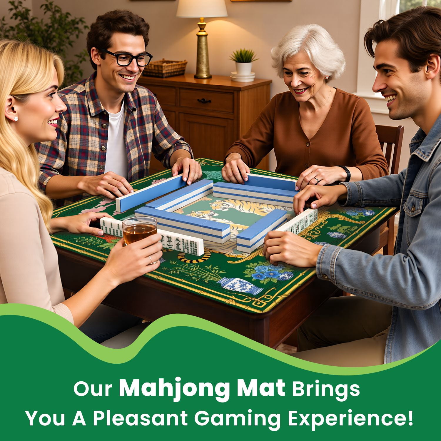 Mahjong Mat 31.5" x 31.5" Chinese Tigers Oriental Pagodas Floral Design Green Non-Slip Noise Reduction American Mahjong Tiles Table Cover for Dominoes Poker Card Board Games Gift
