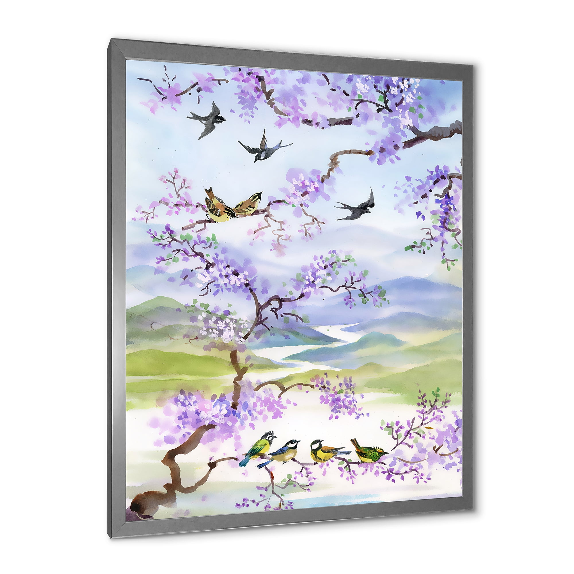 Designart 'Birds Sitting On Cherry Branch' Traditional Framed Art Print