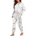 thumbnail image 2 of SCRAWLGOD Marble Print White Golden Women's Long-Sleeve Top and Full-Length Bottom Round Collar Pajama Set Comfy Sleepwear Lounge Set with 2 Pockets, Elastic Band, Drawstring, XXL, 2 of 7