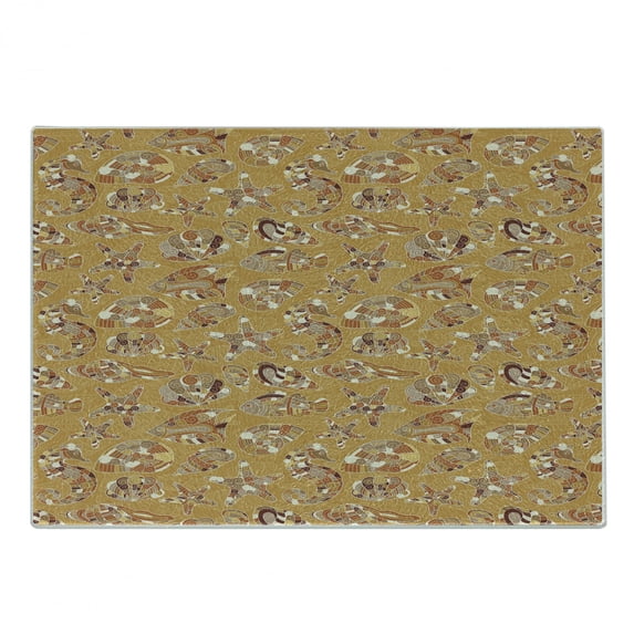 Ocean Cutting Board, Pattern of Fish Shells Starfish Sea-Horse Water Creatures Sea Life Illustration, Decorative Tempered Glass Cutting and Serving Board, Small Size, Mustard Brown, by Ambesonne