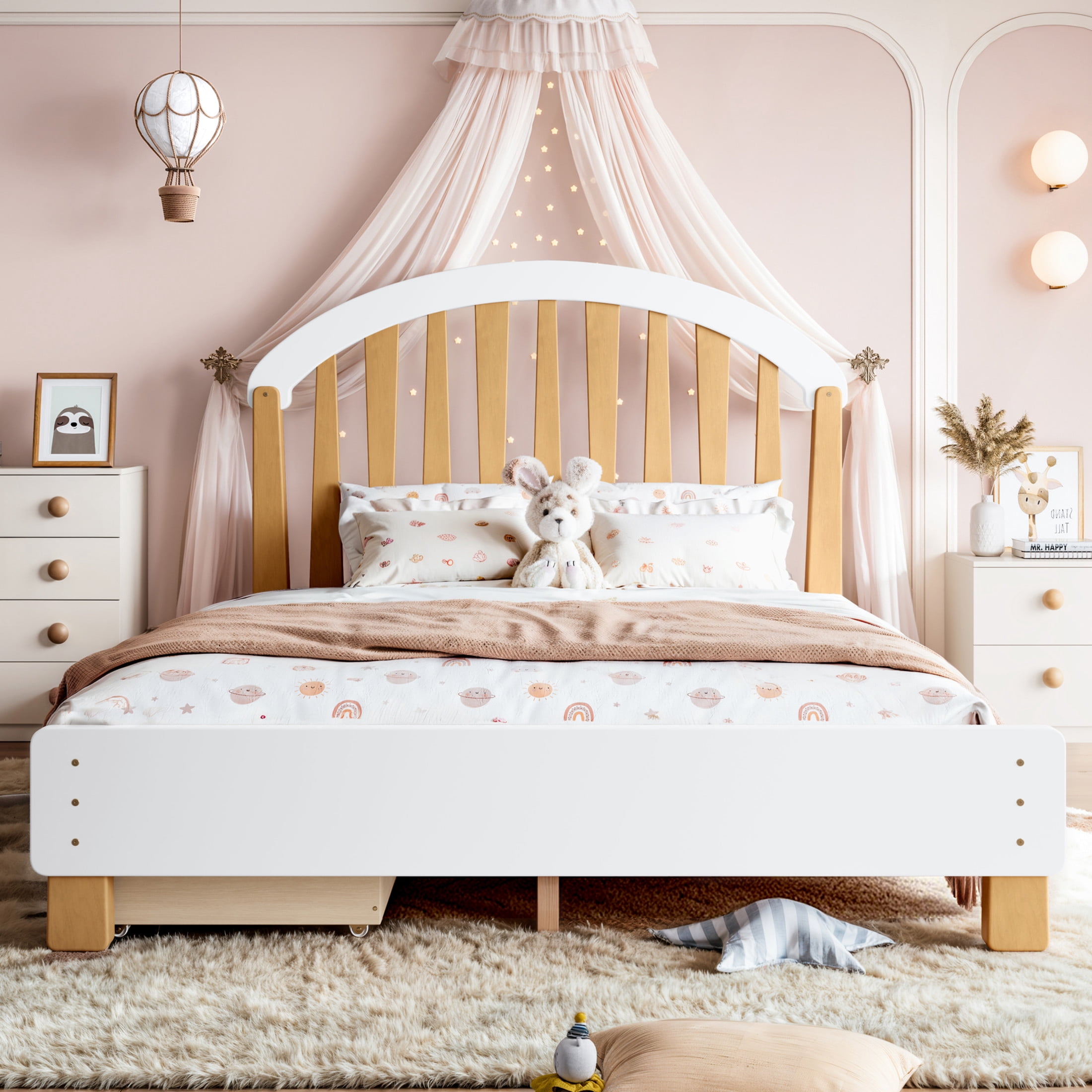 GDF Studio Full Size Platform Bed with Storage Drawers, Round Headboard, No Box Spring Needed, White+Natural