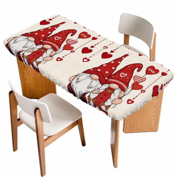 Valentine's Day Table Cloths for 3 Foot Rectangle Tables, Farmhouse Red Gnomes Love Balloons Patio Waterproof Elastic Fitted Tablecloths, Washable Rectangular Table Cover for Camping