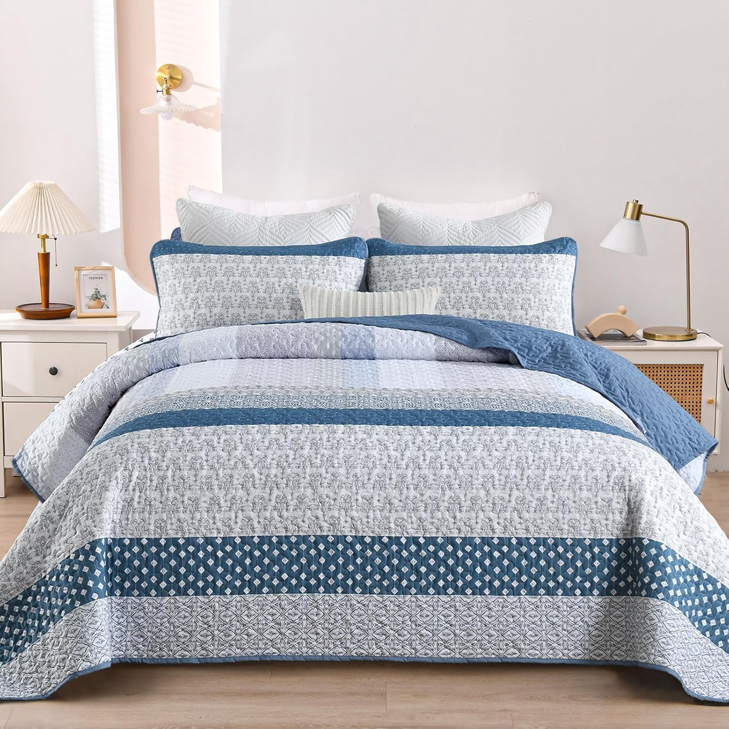 Blue Quilt King Size Bohemian Stripe Quilt Sets 3 Pieces Bedspread Set All Season (104"x90")