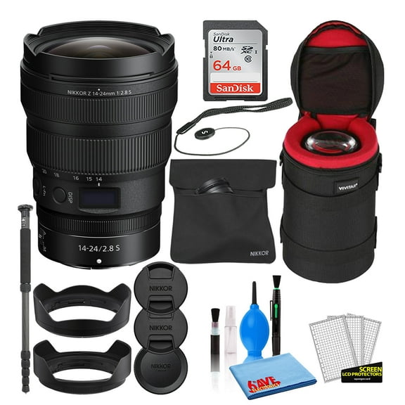 Nikon NIKKOR Z 14-24mm F/2.8 S Zoom Lens (20097) Bundle with 64GB Ultra SDHC Memory Card   Padded Lens Case   70-Inch Pro Monopod   Cap Keeper   Lens Cleaning Kit
