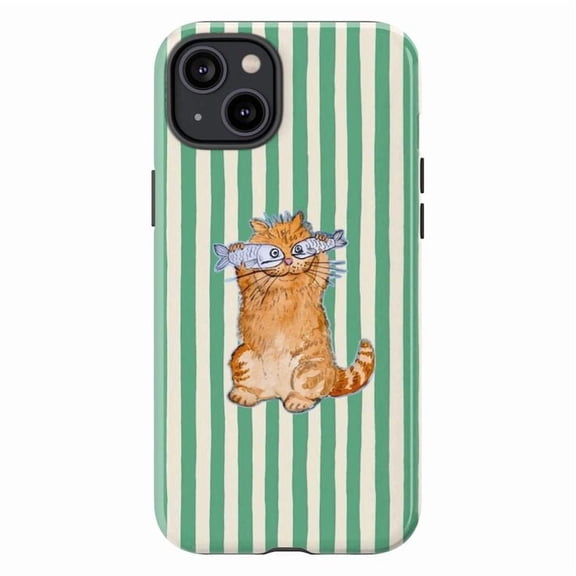 Cute Fish Eyed Cat Phone Case, Striped Green Background with Whimsical Cat Illustration, Artistic Protective iPhone Cover for iPhone 17 16 15 14 13 12 11 Pro Plus Mini