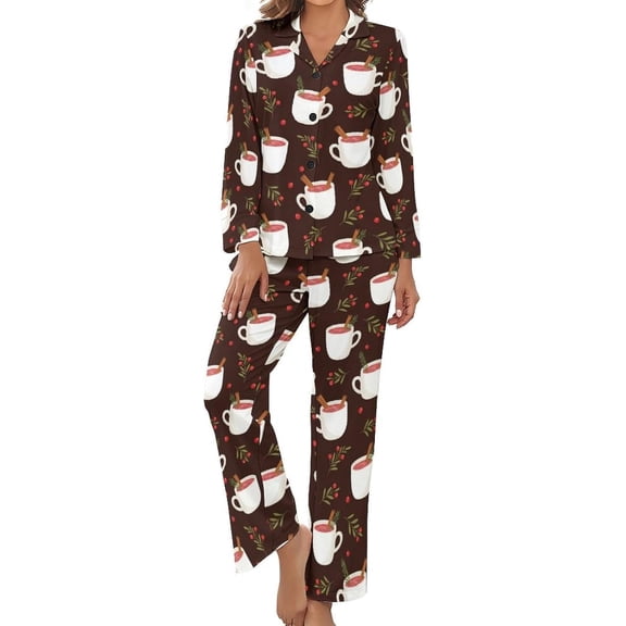 Top-kevin Women's Pajama Sets Hot Chocolate Cups Berries Long Sleeve Lounge Sets Pjs Sleepwear with Pockets