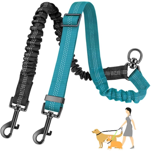 SlowTon Double Dog Leash Coupler, No Tangle 360° Swivel Dual Leashes for Walking 2 Dogs, Adjustable Length Reflective Splitter Leash for Training, Small, Medium & Large Two Dogs(Black&Bright Blue)
