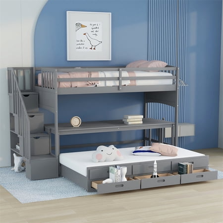 Twin XL Loft Bed with Desk and Stairs for Kids and Teens  Wooden Stairway Loft Bed with Twin Size Trundle and 3 Storage Drawers for Bedroom  Guest Room and Dorm  No Box Spring Required  Gray