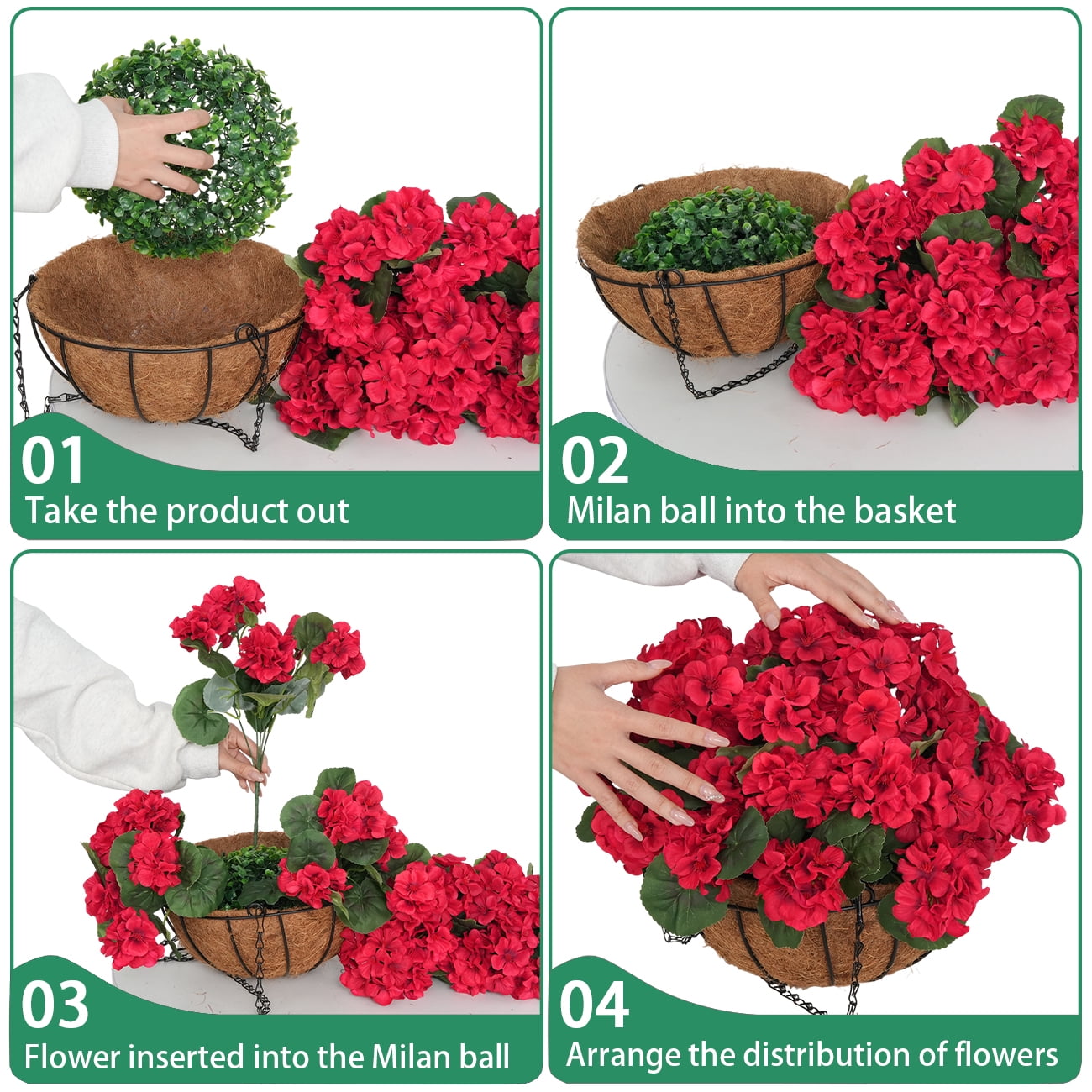 2 Sets of Outdoor Artificial Geranium Flowers with Hanging Baskets, 12Pcs of Red Geranium Fake Flowers, Christmas Front Porch Garden Terrace Home Decoration (2, Red)