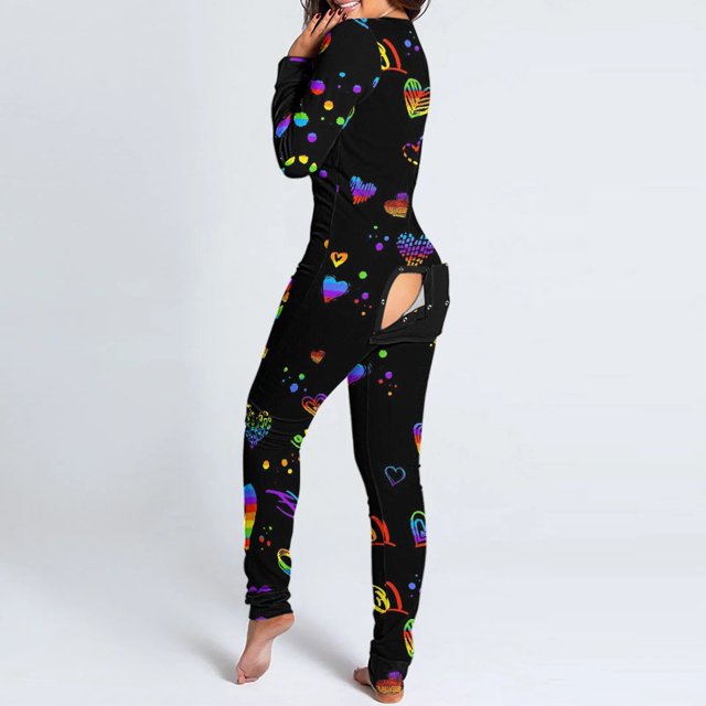 Pijama de Halloween para mujer, Pelele con estampado de amor, funcional, abotonado, con solapa en el trasero, para adultos, cálido, ropa de dormir completa