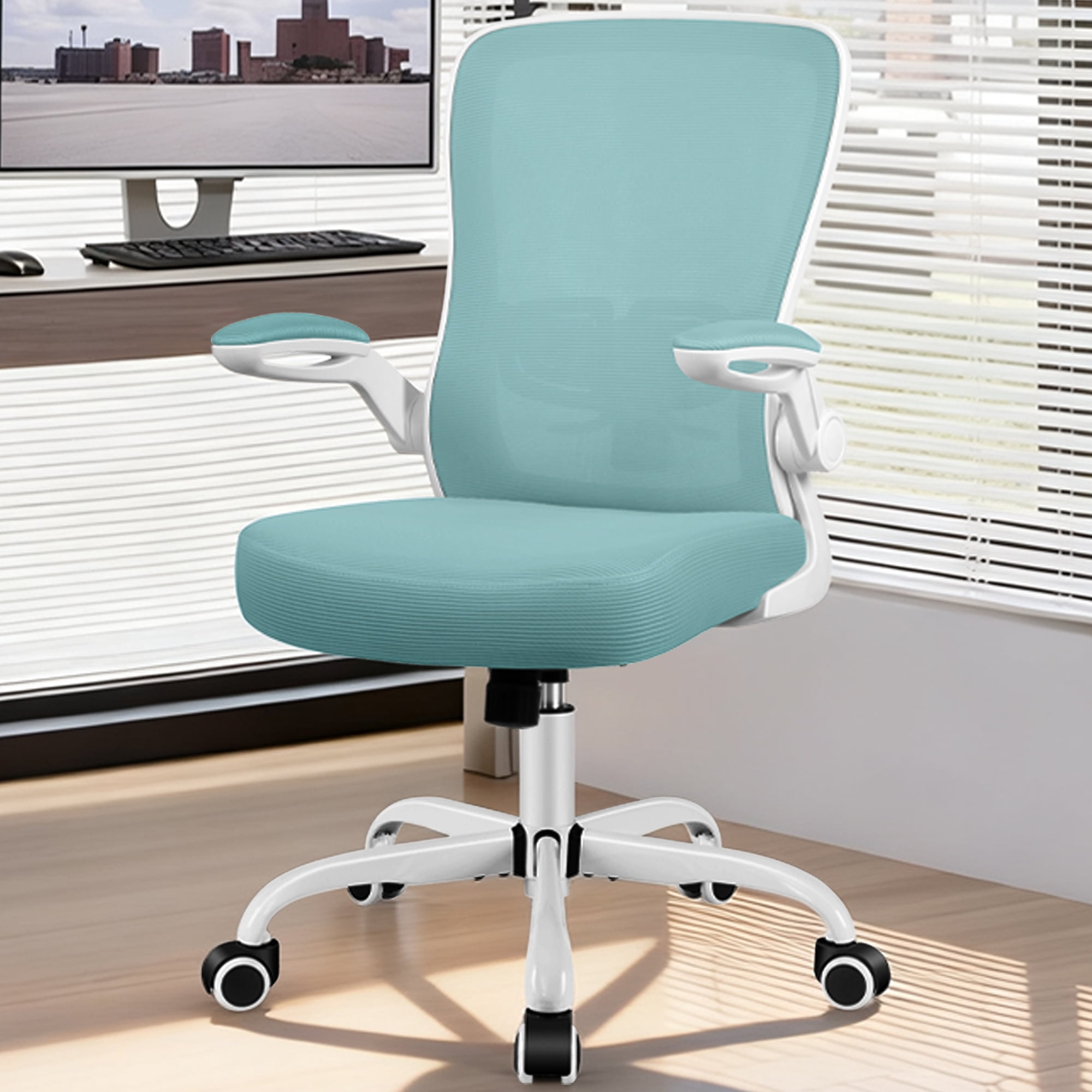 COOLHUT Ergonomic Office Chair, Home Office Desk Chair, Comfort Mesh Task Chair with Adjustable Lumbar Support and Flip up Arms, Light Blue