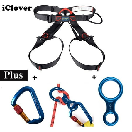 Climbing Harness + Locking Carabiner + Figure 8 Descender,IClover Climbing Gear Half Body Harness Seat Belts Screwgate Twist Lock Caribeaner Rescue 8 Descender for Rock Climbing Tree Work