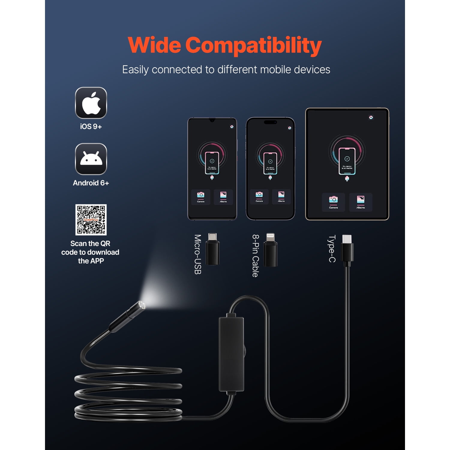 KFFKFF Endoscope Camera with Light, 1920P HD Borescope for Android & IOS, 8 LED Lights Inspection Camera with 10FT Semi-Rigid Cable, 2X Zoom, IP67 Waterproof Snake Scope for Automotive and Plumbing