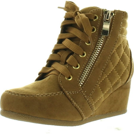 Italian Lace Shoes - Link Peggy-63K Children Girl's Wedge Heel Lace Up Diamond Shape Quilted Sneakers