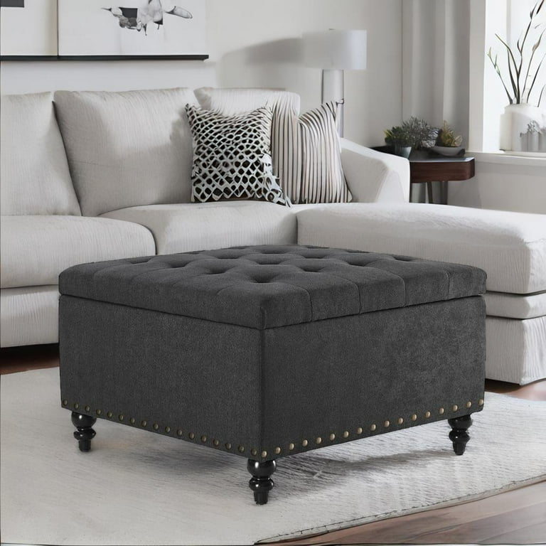 HUIMO Large Square Storage Ottoman Bench Tufted Upholstered Coffee Table Ottoman with Storage Oversized Storage Ottomans Footrest for Living