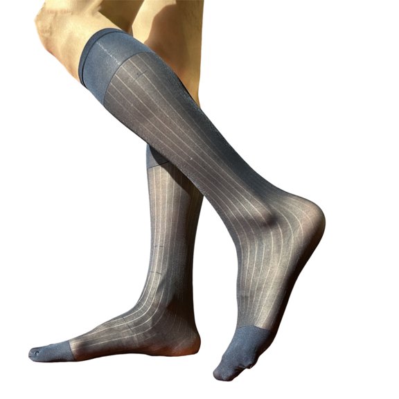 Men Casual Business Dress Socks Middle Calf Wide Striped Sheer Nylon Stockings Formal Suit See Through Thin Faux Silk Socks