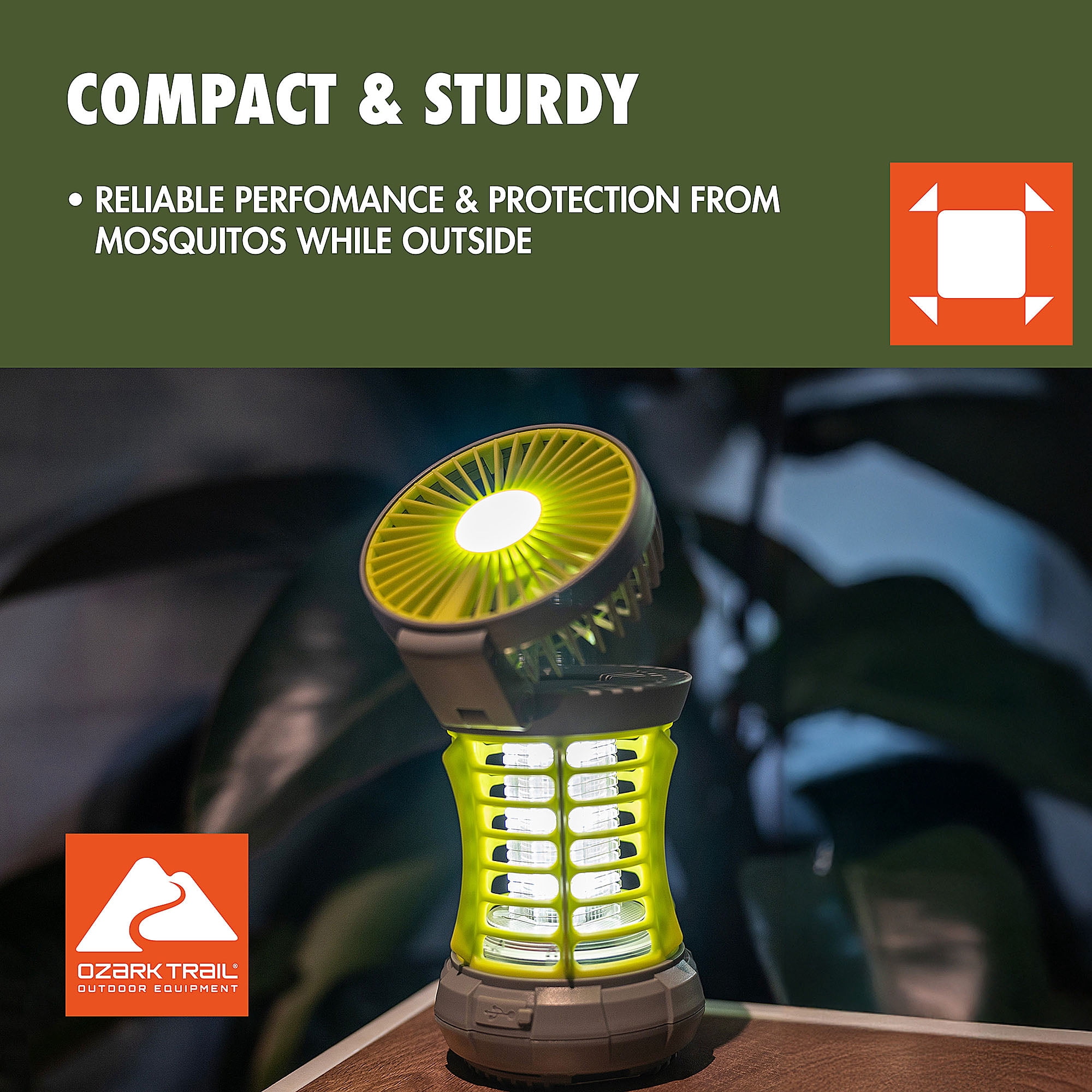 Ozark Trail Bug Zapper, Yellow, 2-in-1 Fan & LED Light, Ourdoor Use, Electronic 5V, Rechargeable