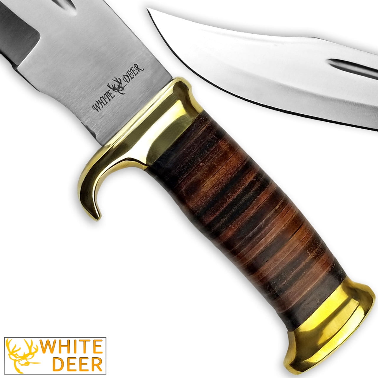 WHITE DEER MAGNUM Outback American Bowie High Carbon Stainless Steel Tactical Knives, with Leather Handle