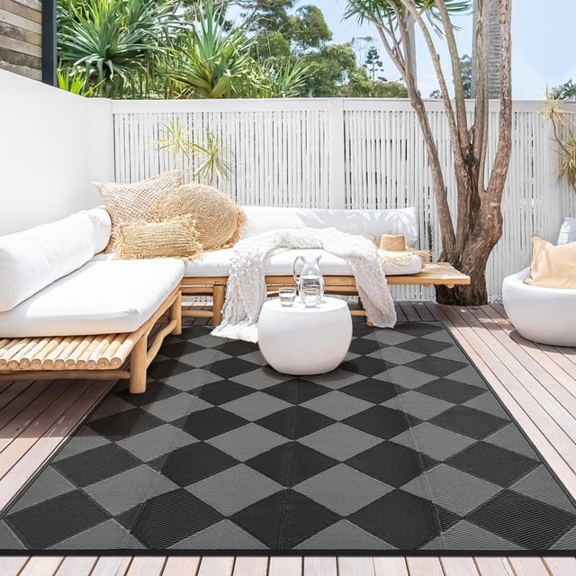 Nanan 9x12 Waterproof Outdoor Rug, Classic Checkered Pattern, All-Weather Patio Mat, UV Resistant, Stain Resistant, Easy Clean Plastic Rug for Yard, Deck, Balcony, Camping,Black/Gray