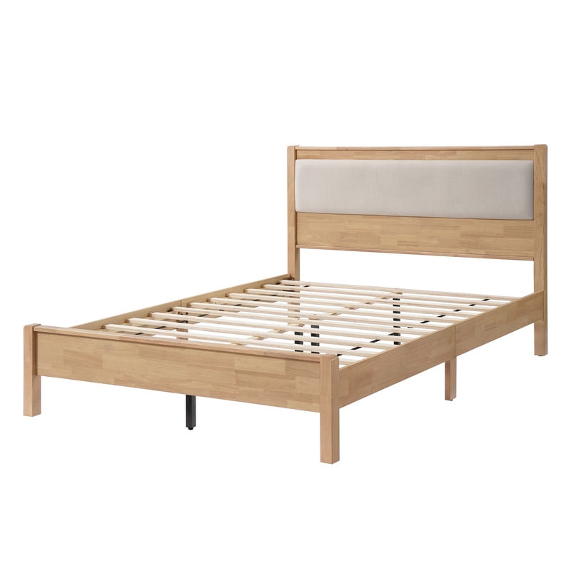 Queen Size Wooden Bed Frame with Upholstered Headboard, Low Profile Platform Bed with Central Support Legs