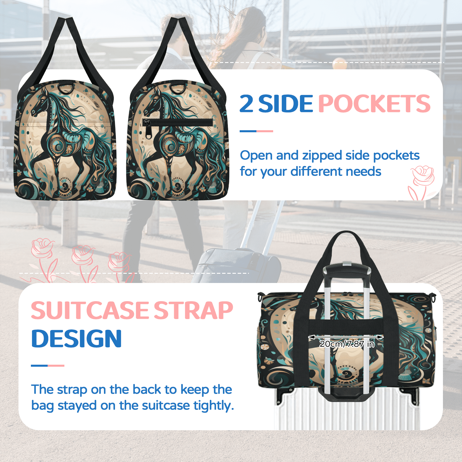 Herdesigns Ethnic Horse Gym Bag for Women, Duffle Bag for Travel Sport, Lightweight Waterproof Carry on Weekender Overnight Dance Yoga Workout Bags