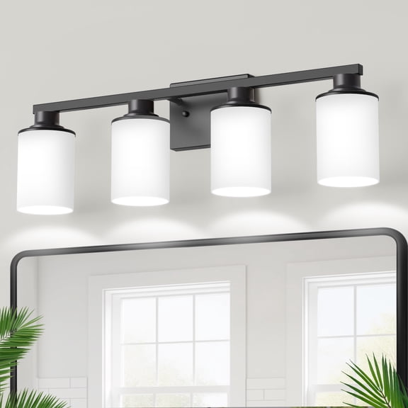 YANSUN 27 in 4 Light Matte Black Bathroom Vanity Light with Milky White Glass Shades for Bathroom Modern Spaces