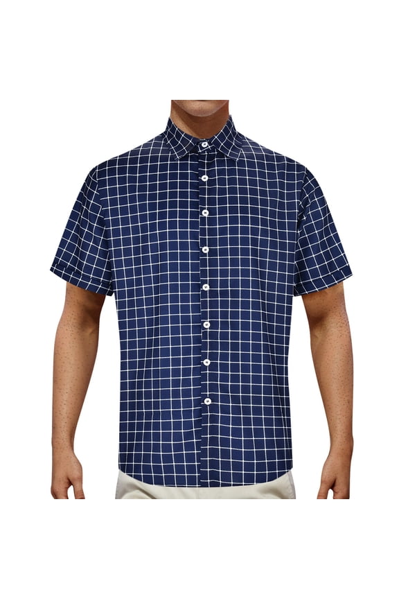 Men's Shirts Button Down Fashion Summer Casual Retro Plaid Printed Short Sleeved T Shirts for Men Navy L