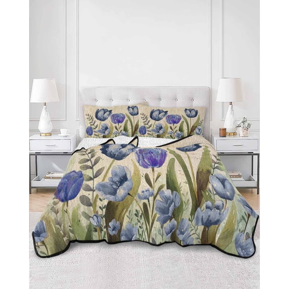 Quilts Twin XL Size, Blue Purple Spring Floral Soft Comforter Bedding Set for Bed, Summer Botanical Tulip Vintage Lightweight Quilted Bedspread with Pillow Cover(2 Pieces) for All Season, 68x98 Inch