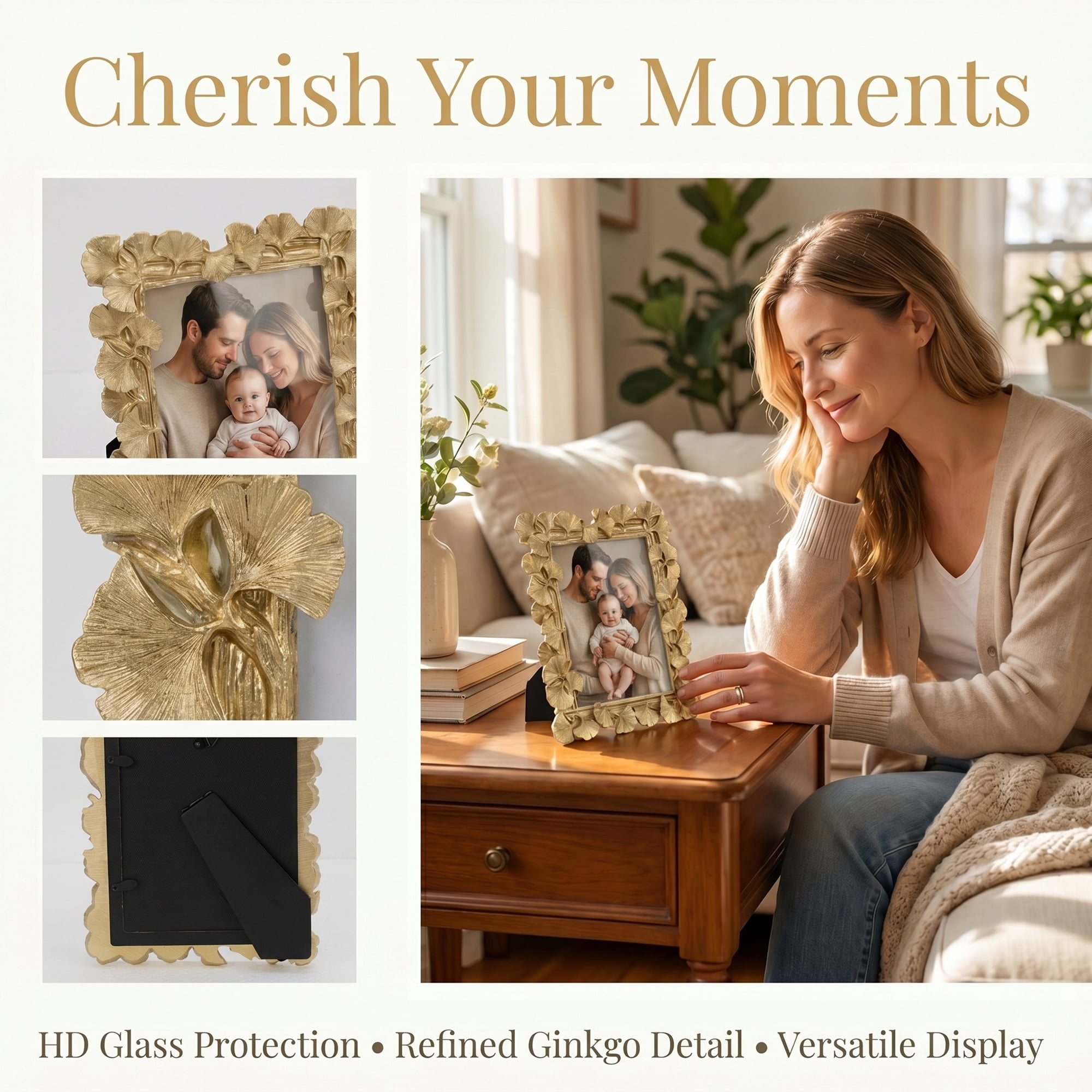 Unique Bargains Ginkgo Leaf Resin Gold Botanical Photo Frame Gold 4" x 6"