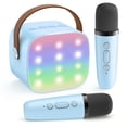 thumbnail image 1 of Mini karaoke portátil para niños con dos micrófonos inalámbricos y altavoz Bluetooth con luces LED que incluye cuatro efectos de voz y cancelación de vocales ideal para fiestas y regalos en color azul, 1 of 8