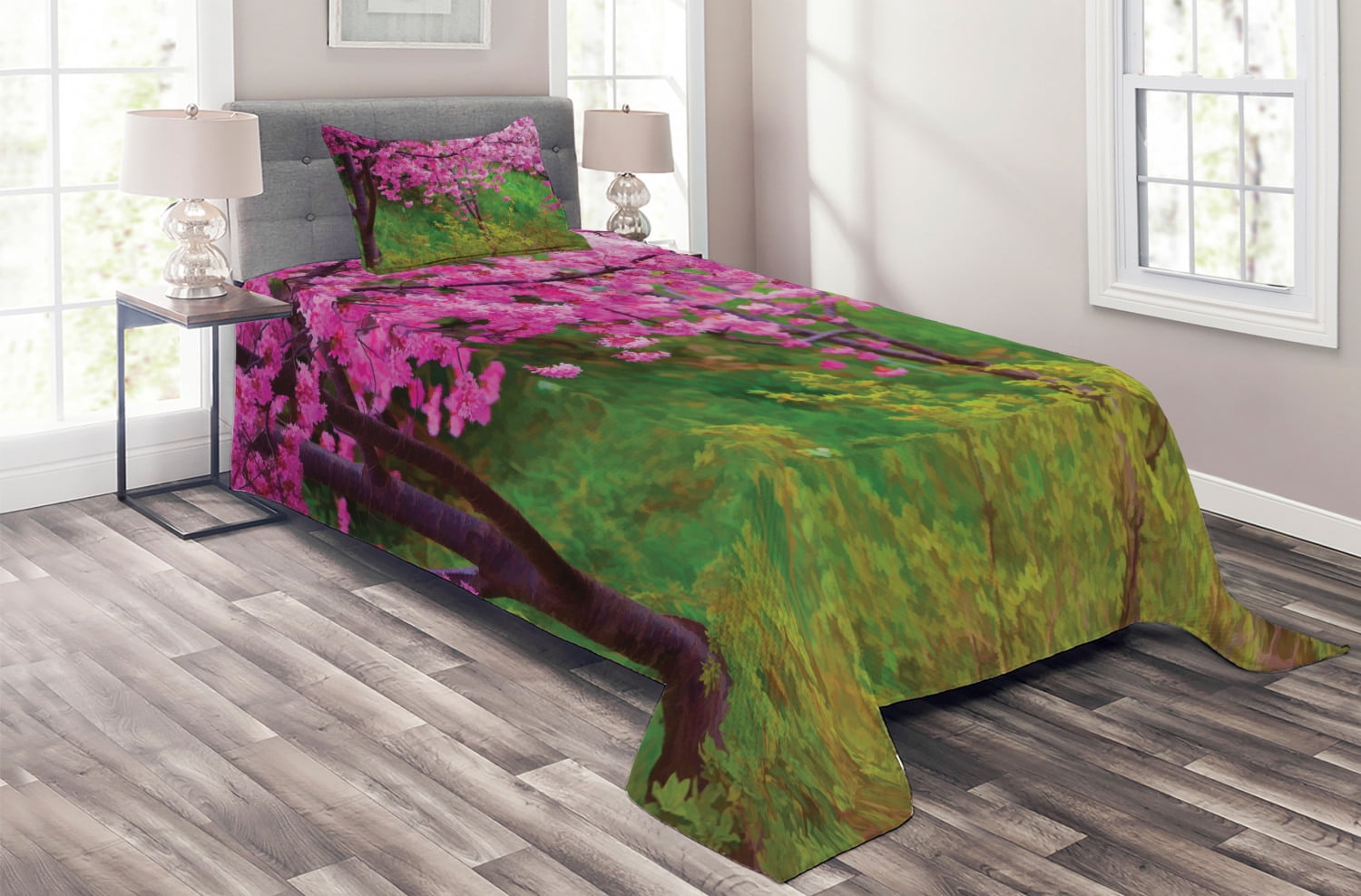 Japanese Coverlet Set Twin Size, Sakura Flowers Trees in Spring Garden