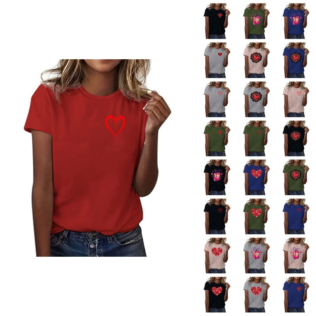 T-shirts de la Saint-Valentin pour Femmes 2026 à la Mode Manches Courtes Col Rond avec Cœur Graphique