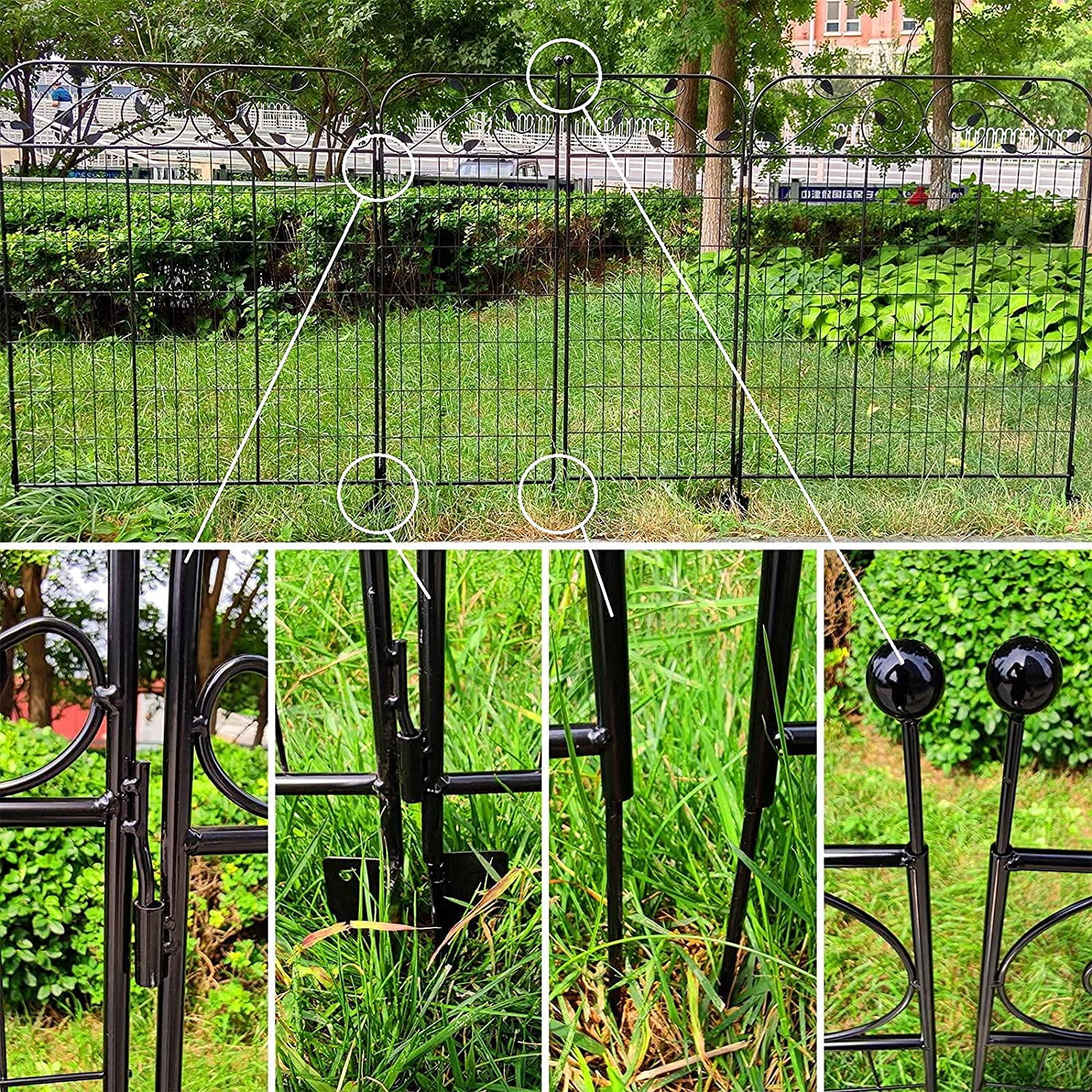 Black Coated Steel Decorative Garden Fence Gate with 8 Leaves, 44x36 Inches