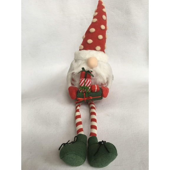 Christmas Plush Santa Gnome with Mustache and Beard Holding Present