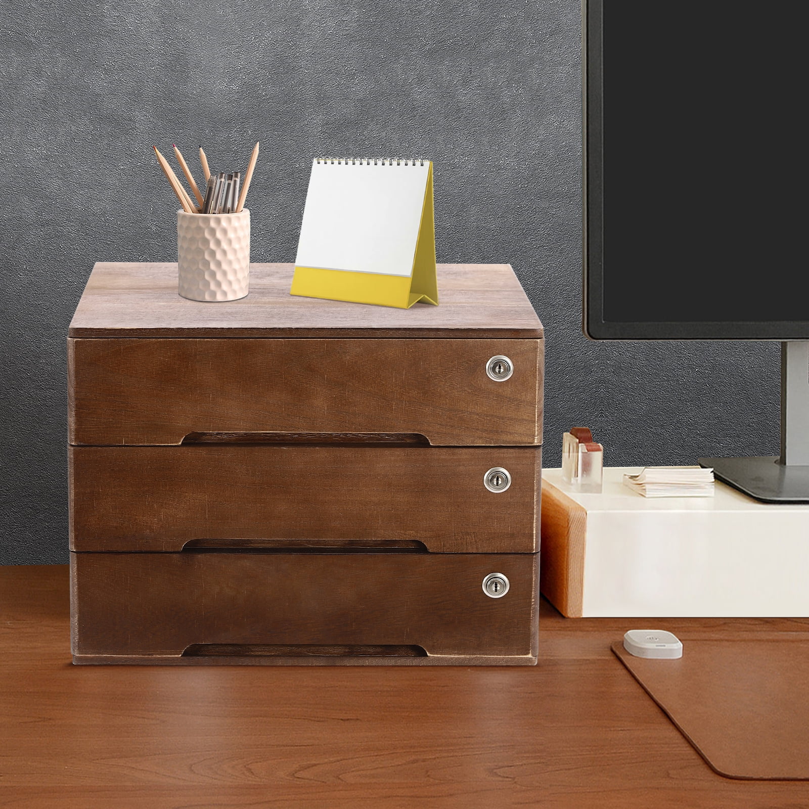 Wooden Desktop Storage Box with Lockable Drawers, Office Supplies File Organizer, Flat File Cabinet