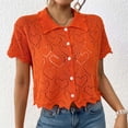 thumbnail image 5 of jtjvou Women's Cropped Blouses Heart Graphic Hollow Out Crop Tops Blouse Short Sleeve Button Down Lapel Shirts Cardigan Orange L, 5 of 7