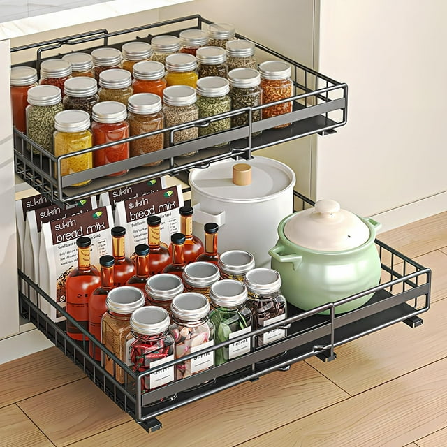 Organizador de Gabinete Extraíble, Cajones Deslizables para Cocina, sin Necesidad de Perforar, Ancho Ajustable(31 cm-51 cm), con Pegatinas Adhesivas Nano Fijas (Negro Grande y Pequeño)