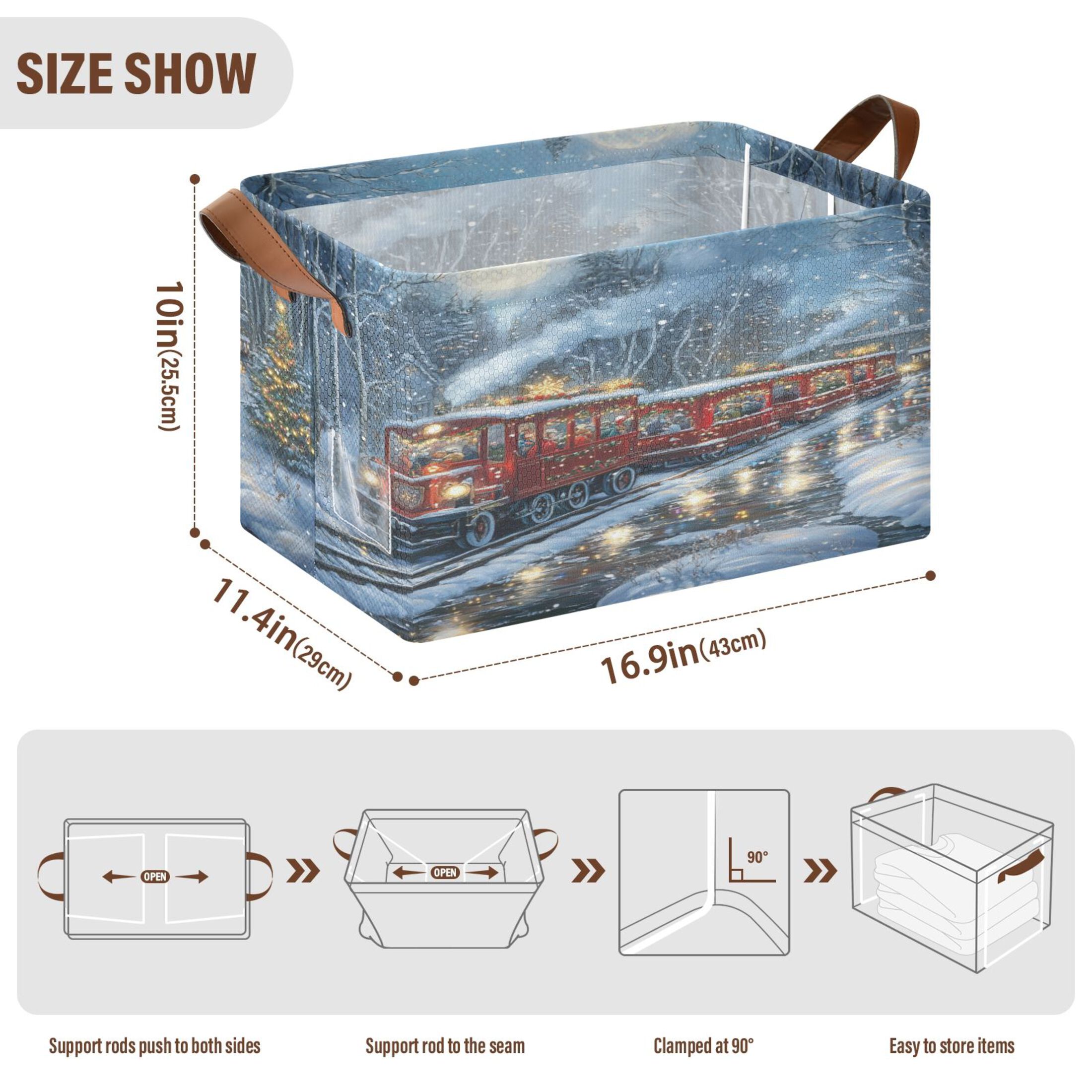 Christmas Train Picture Storage Basket Soccer Plaid Fabric Hoard Box Oversized Collapsible Closet Organizer with Metal Iron Frame 16.9×11.4×10in