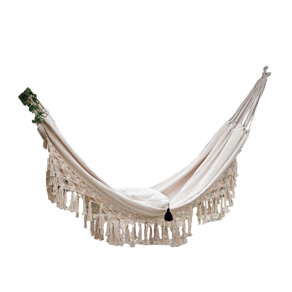OUNONA Beige Double Camping Hammock Lightweight Canvas Swing Bed Outdoor Relaxation Sleeping Gear
