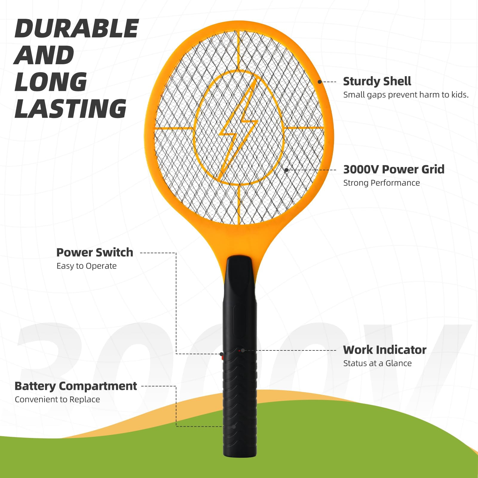 Indoor & Outdoor Triple-Layer Mesh Insect Killer Electric Zapper Swatter, Orange & Black, 3 Count