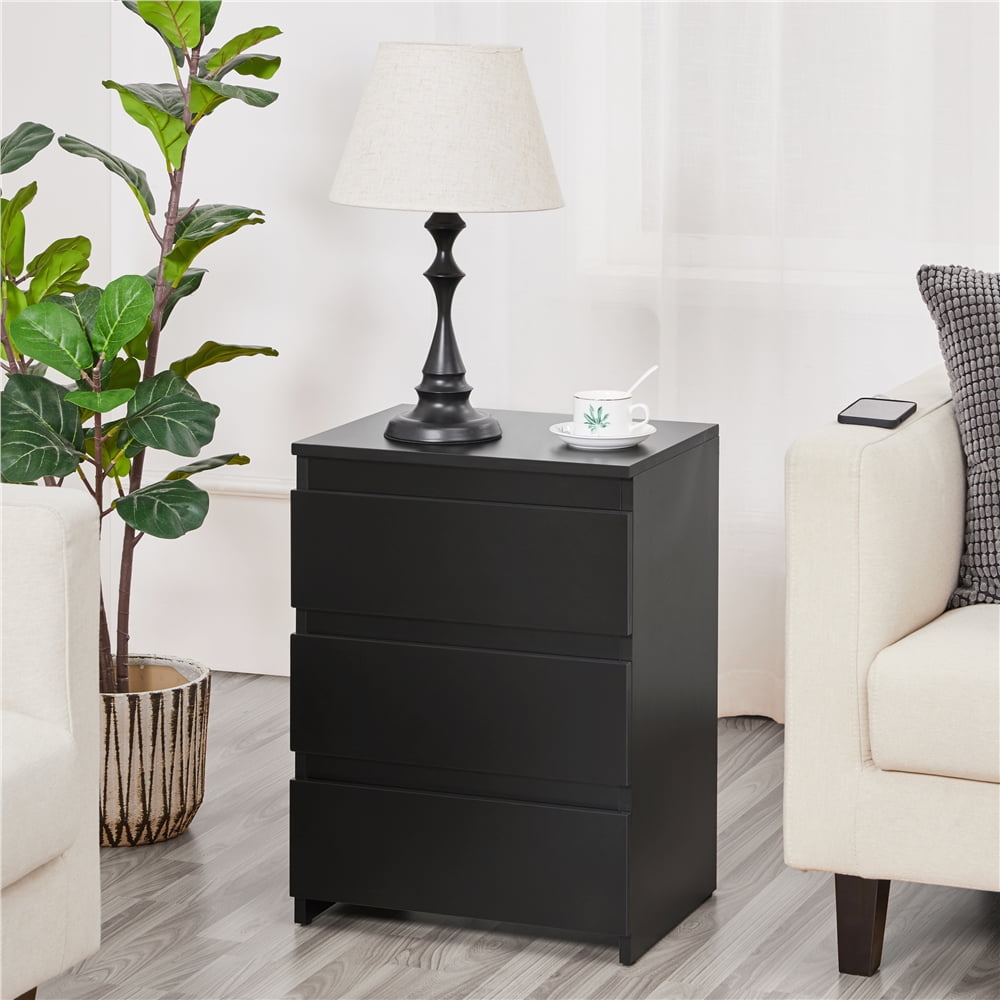 Topeakmart 24"H Vertical Wooden Nightstand with 3 Drawers for Bedroom, Set of 2, Black