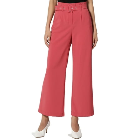 - TheMogan Women's Belted High Waist Stretch Fluid Crepe Wide Leg Culotte Crop Pants