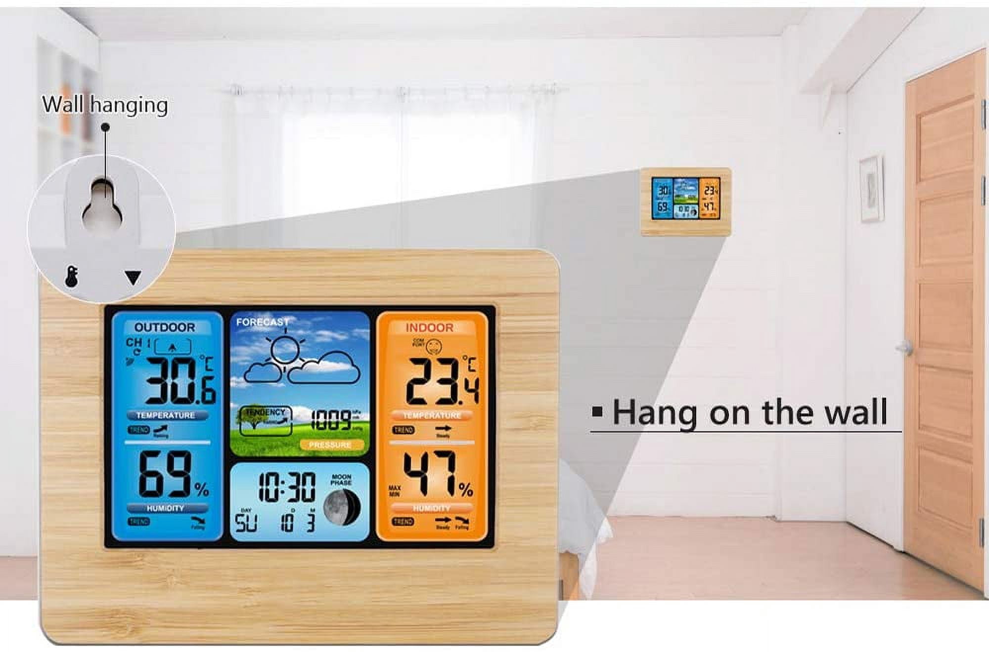 Weather Station With Outdoor Sensor, Thermometer, Hygrometer, Indoor And Outdoor Radio Weather Station °C/°F, Date, Weekend, Moon Phases, Daily Alarm