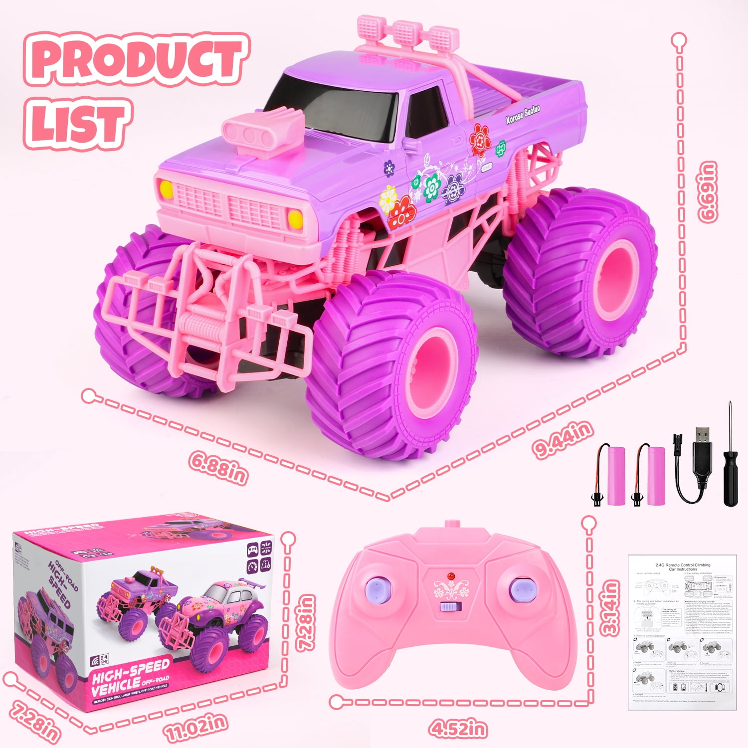 Beefunni Pink RC Car for Girls, 4WD Off-Road Remote Control Truck with 2.4GHz, Rechargeable Batteries, All-Terrain RC Toy for Kids Ages 6-12, Birthday Gift for Girls