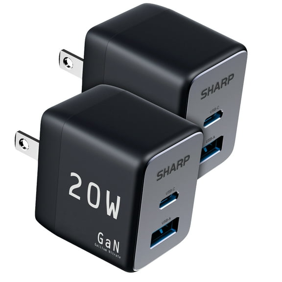 Sharp USB C Charger, 2-Pack 20W, Dual Port (USB A C) Compact Foldable GaN Fast Charge for iPhone 15/15 Pro/15 Pro Max/14/13/12, Pad Pro/AirPods and More, Black, GW-20PDA201U-2PKBLK